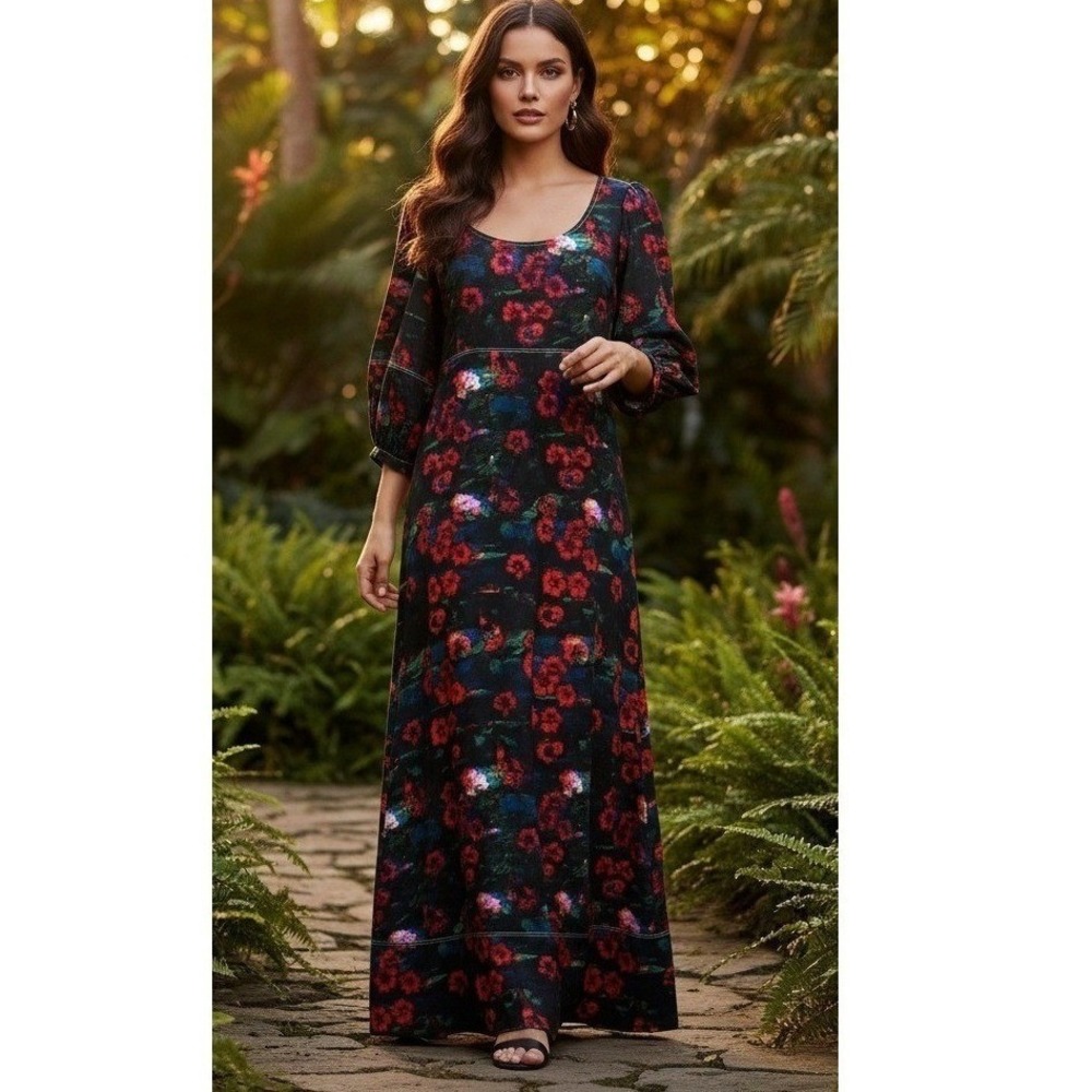 Rachel Comey Dress‎ Womens Sz 6 Floral Scoop Neck Maxi Puff Slv Cottagecore Boho